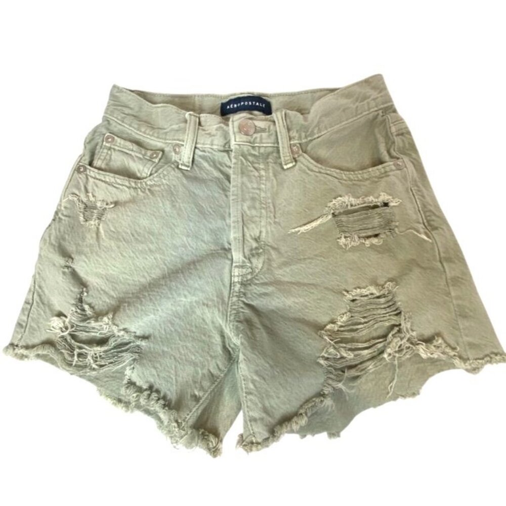 Aeropostale Womens Distressed Green Denim Shorts Casual High-Rise Raw Hem Sz 00